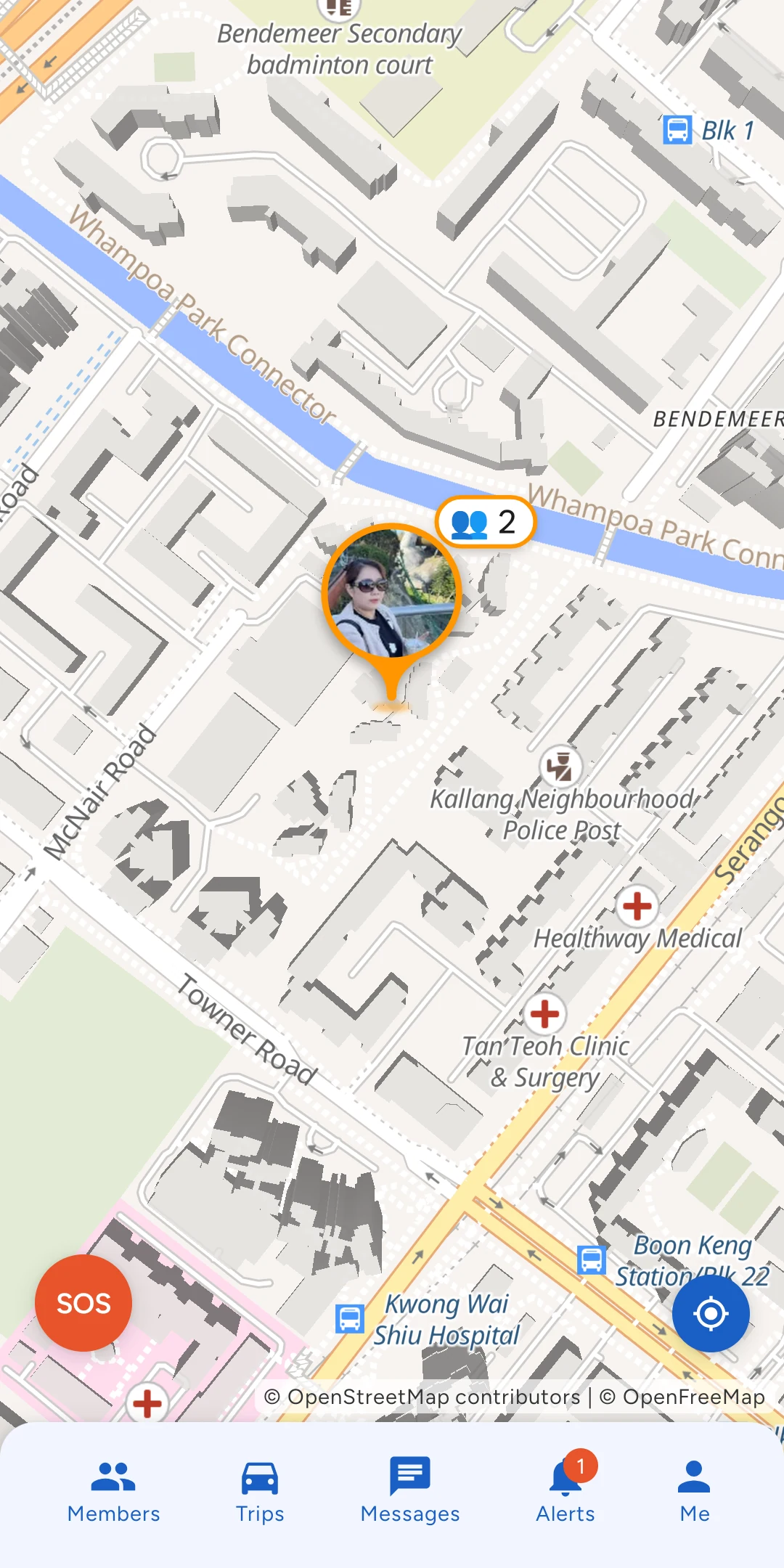The safeBubble map screen: Bubble members shown on a map, an SOS button, and tabs for Members, Trips, Messages, Alerts and Me.